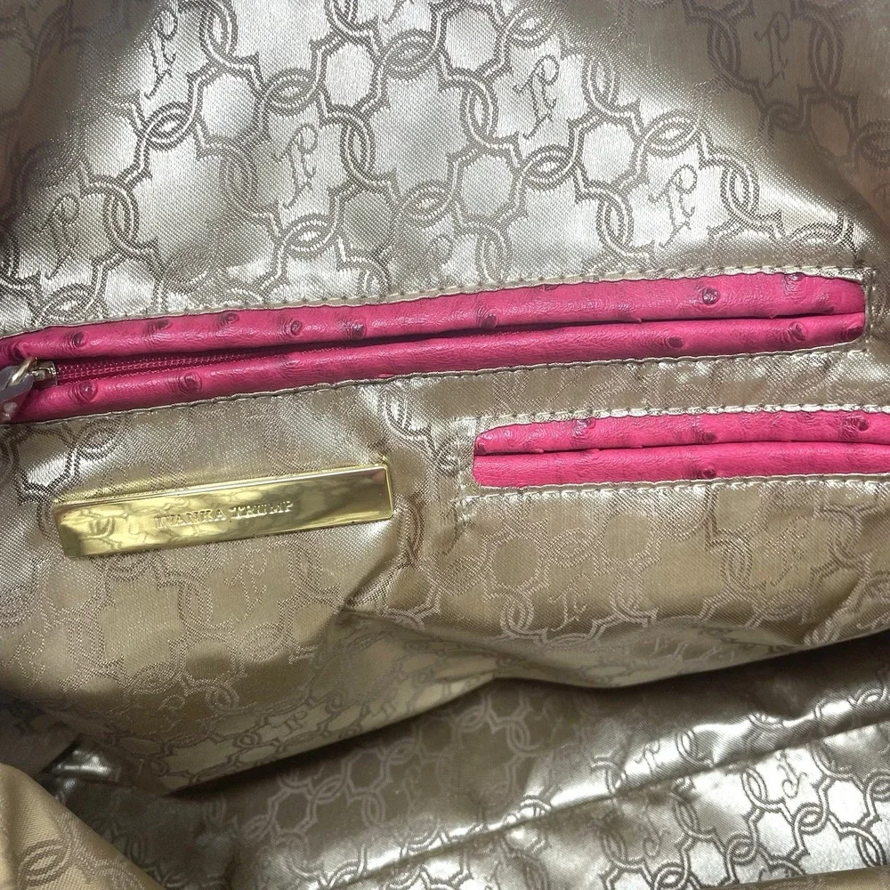 Ivanka Trump Ava Dome Satchel Pink Ostrich Embossed Handbag Gold Hardware Purse
